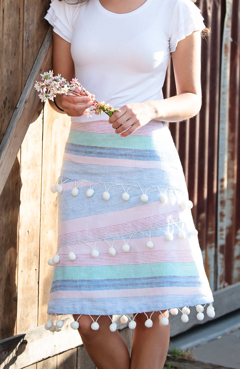 A-Line Linen Skirt with PomPoms