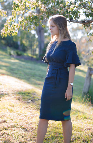 Cousin Billie | Adelina Frilled Linen Dress - Navy | Fun and Feminine | Australian Made Women's Fashion