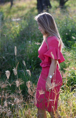 Cousin Billie | Adelina Frilled Linen Dress - Pomegranate | Fun and Feminine | Australian Made Women's Fashion